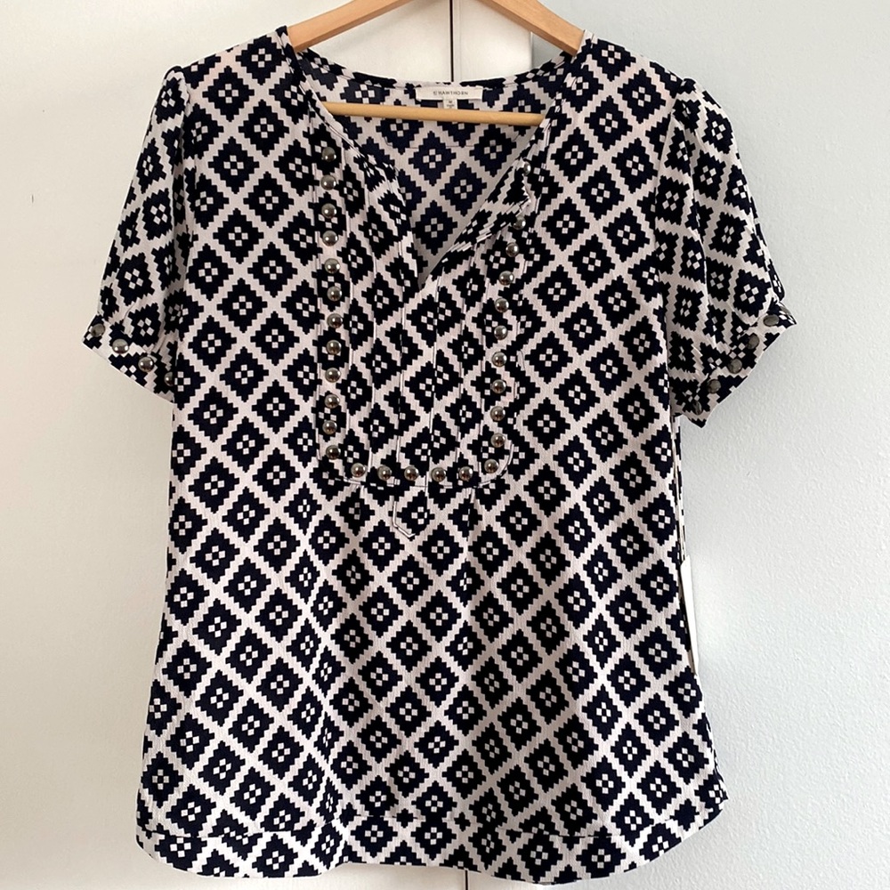 Tribal blue and white top with fun stud details